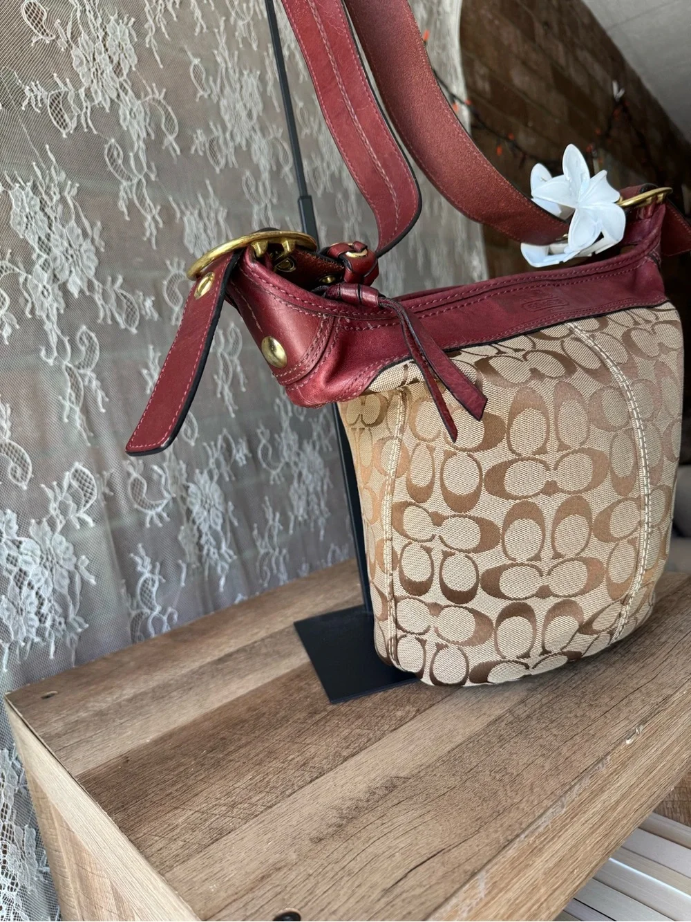 Coach Signature Canvas Bucket Bag with Burgundy Leather Trim